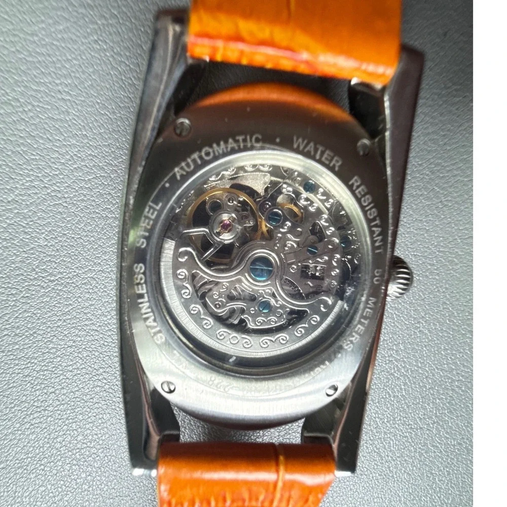 Jeanneret Women Orange Skeleton Automatic Watch Stainless Steel Leather J-64283